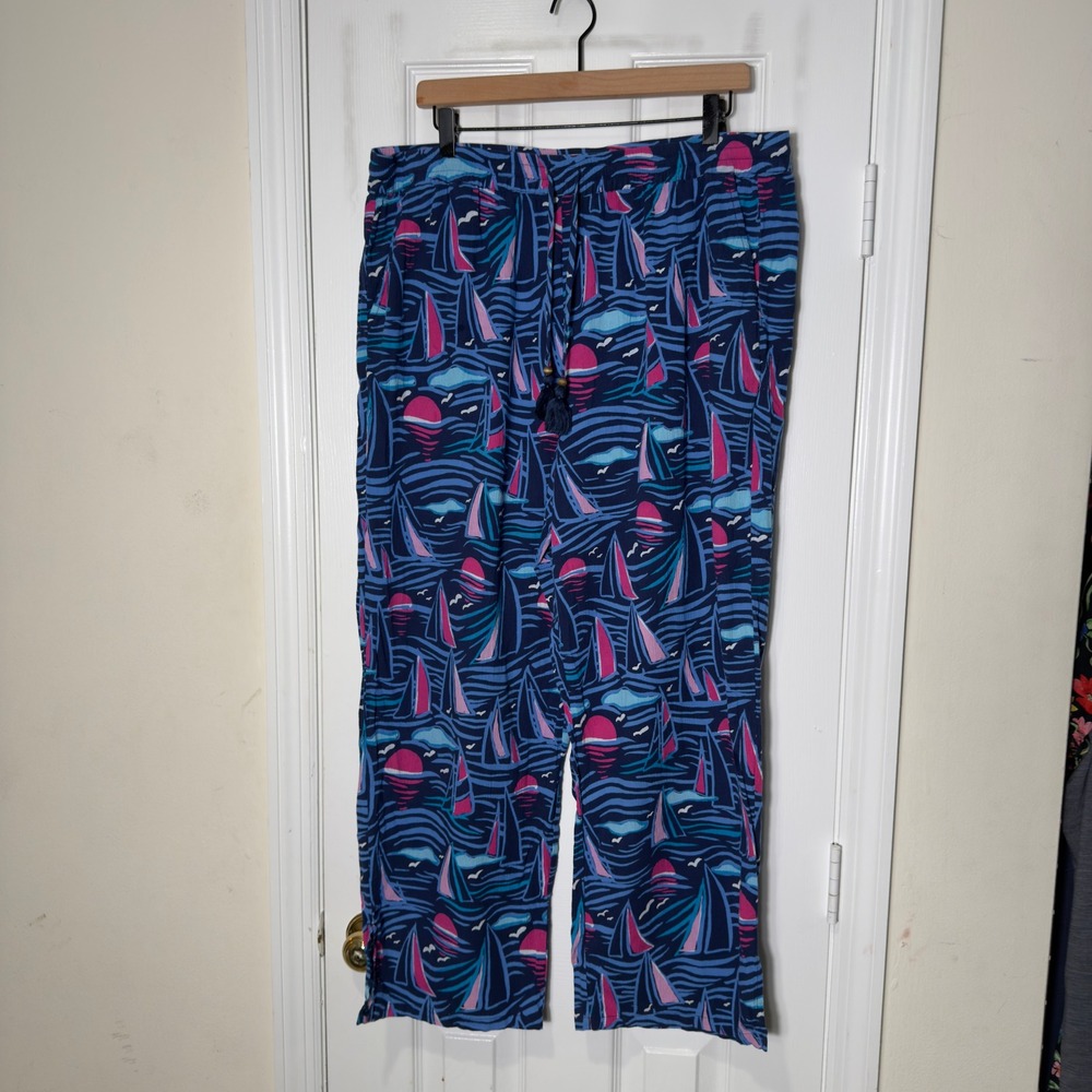 Talbots Crinkle Cotton Sailboat Print Beach Pants XL Navy Pink Nautical
